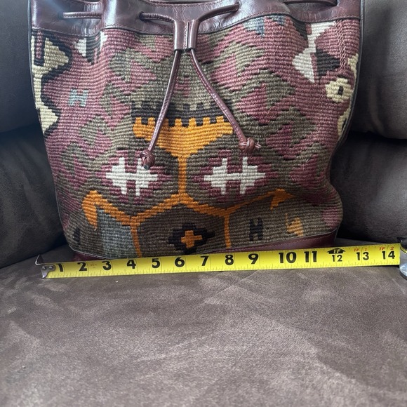 Woven Tapestry Kilim Bag Leather Drawstring Boho Hippie Shoulder Bag Western VTG - Picture 5 of 7
